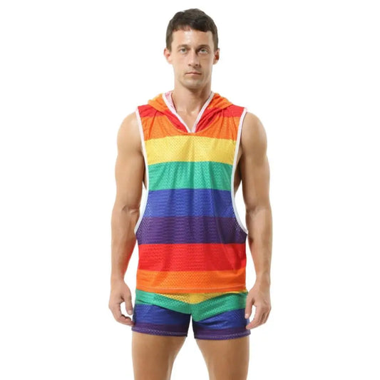 Rainbow Mesh Hoodie Muscle Shirt + Shorts