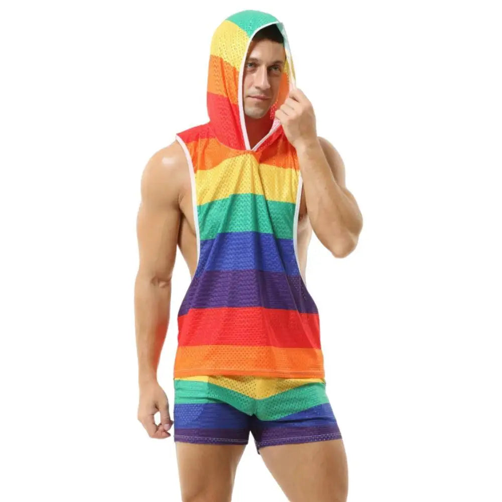 Rainbow Mesh Hoodie Muscle Shirt + Shorts