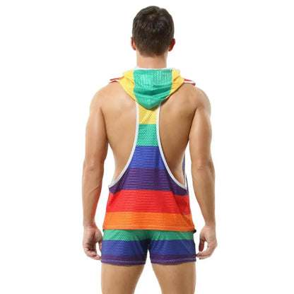 Rainbow Mesh Hoodie Muscle Shirt + Shorts